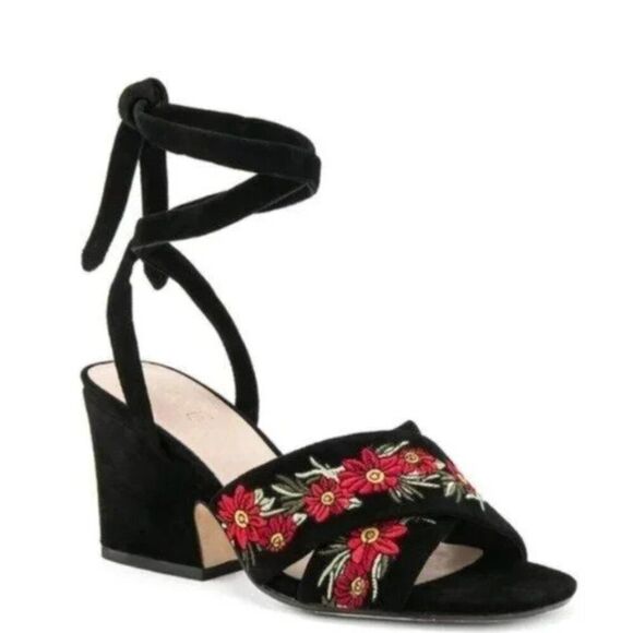 RAYE Black Suede Red Floral Embroidered Wrap Around Heeled Sandals Size 8.5 - Picture 2 of 11
